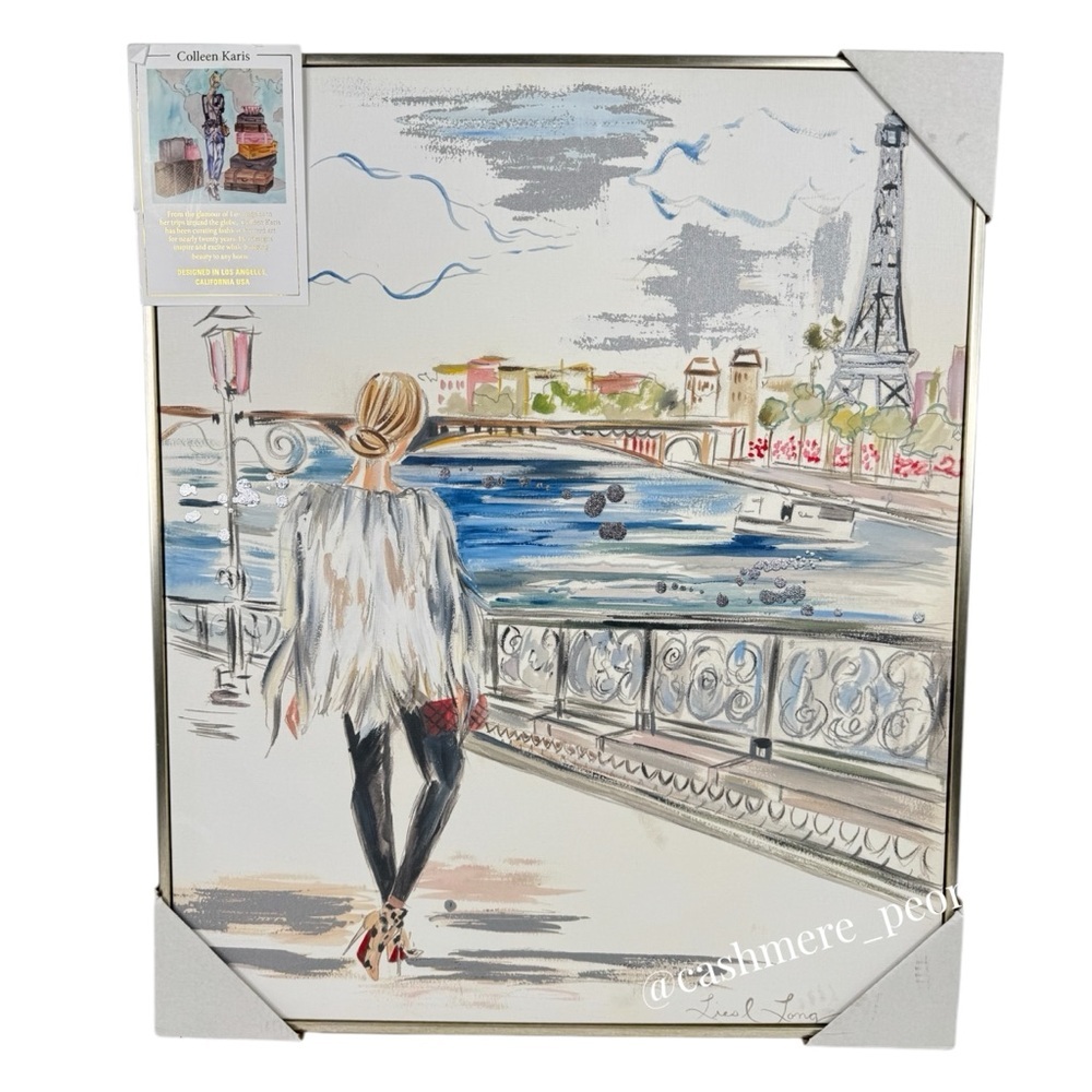 NWT Colleen Karis Print on Canvas Girl in Fur in Paris Seine River Framed Art